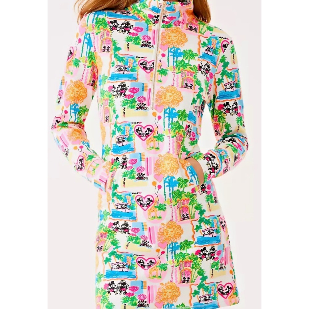 Disney Lilly Pulitzer Eleni Long Sleeve Dress XS Minnie Mickey Zip Pockets